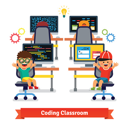 Kids Learning To Code And Program In Science Class Stock Illustration ...