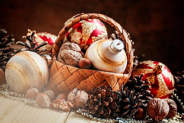 istock Christmas New Year composition with wicker basket and other 495453848