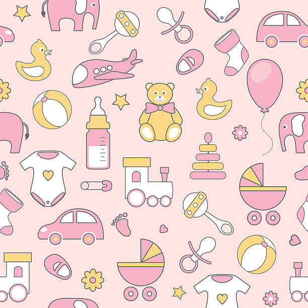 vector seamless pattern with line icons на плоской подошве baby - child waiting in line in a row party stock illustrations