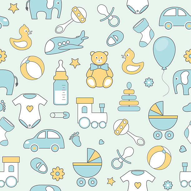 vector seamless pattern with line icons на плоской подошве baby - child waiting in line in a row party stock illustrations