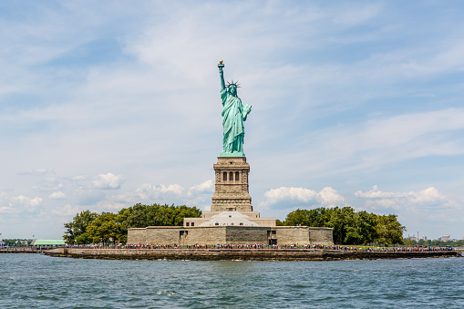 View of Statue of Liberty on Liberty Island in New York Harbor, in Manhattan, New York