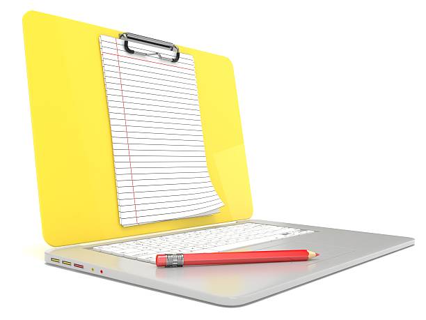 クリップボードの上に空白の紙ノートパソコンの裏地。サイドの眺めをご覧いただけます。3 d レンダー - letter resume document writing ストックフ��ォトと画像