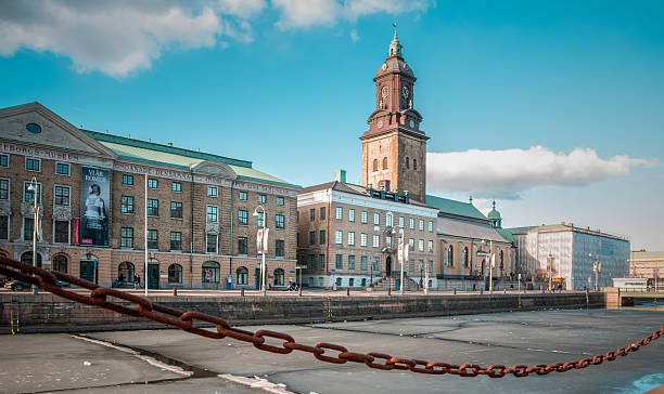 Goteborg, Sweden - April 2, 2013: View of the Big Harbor Canal with City Museum and Christina Church.