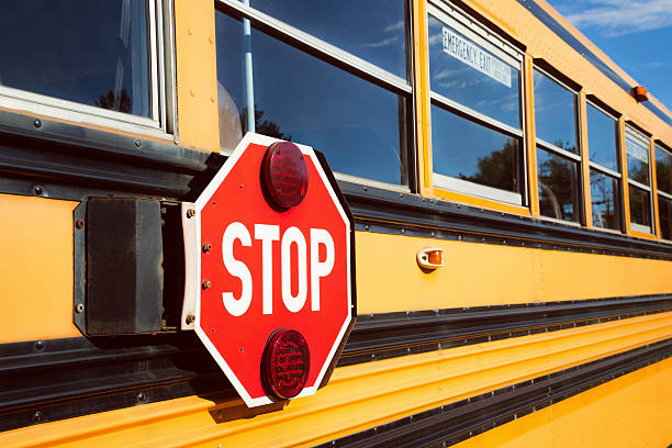 istock Stop sign on yellow school bus 495469752