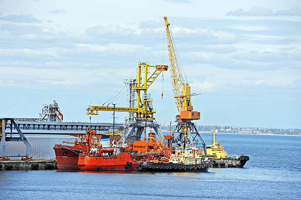 istock Bunker ship and tugboat under port crane 495470779