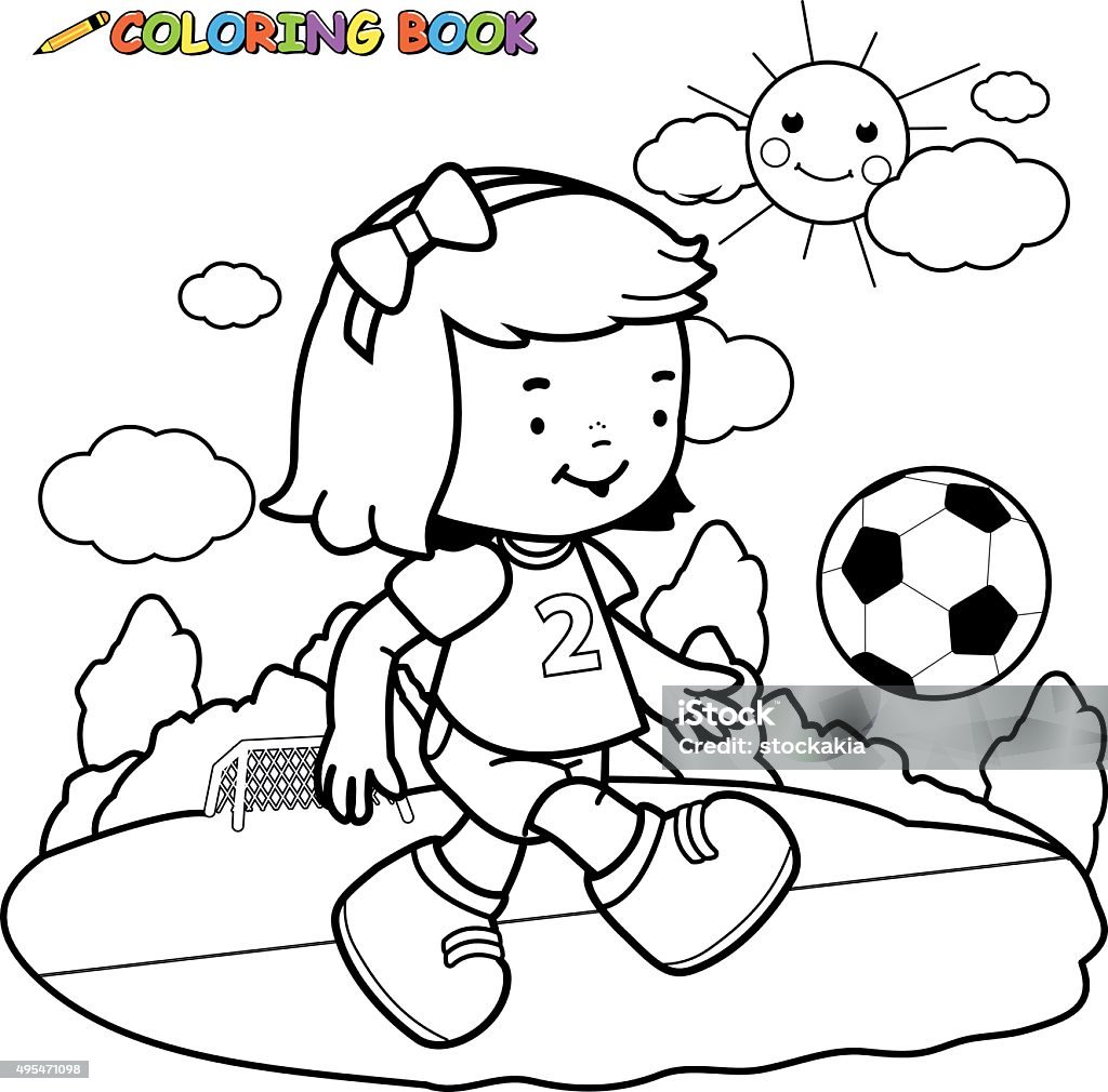 Girl soccer player coloring page Vector black and white outline illustration of a cute girl soccer player kicking a ball on the playing field. Child stock vector