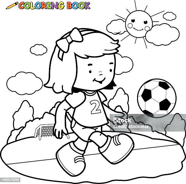 Girl Soccer Player Coloring Page Stock Illustration - Download Image Now - Child, Playing, Line Art