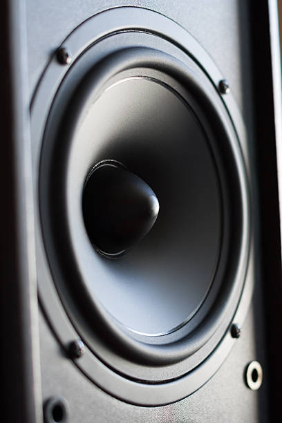istock Powerful audio system. Closeup view of black bass power speaker 495475437