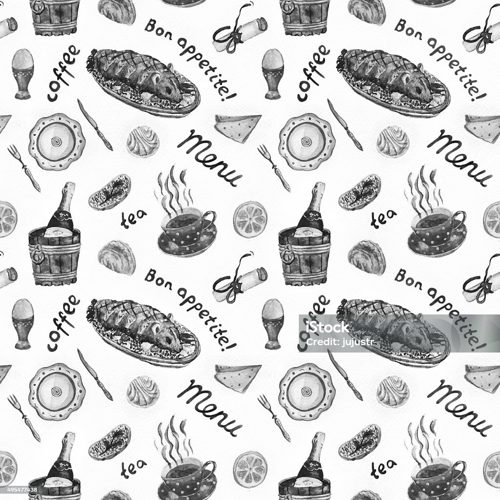 Food seamless pattern in black and white – watercolor illustration Food illustration on white background 2015 stock illustration
