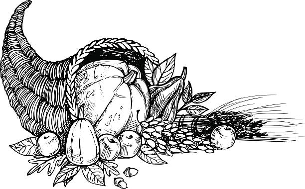 수작업 벡터 일러스트레이션-추수 감사절. (cornucopia - cornucopia november pumpkin leaf stock illustrations