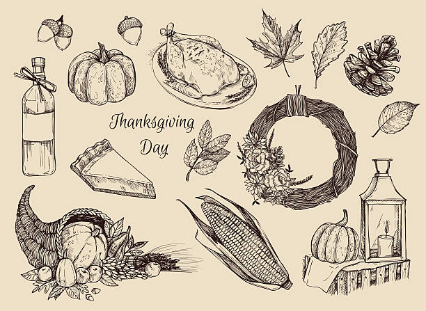 ilustrações de stock, clip art, desenhos animados e ícones de mão desenhada ilustração vetorial de dia de ação de graças dia. projeto elemens - pie baked food pumpkin pie