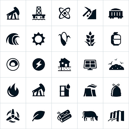 Icons representing forms and sources of fuel and energy generation. The icons include depictions of petroleum, oil, nuclear energy, fossil fuel, hydroelectricity, biomass, solar, wind and alternative energies to name a few.