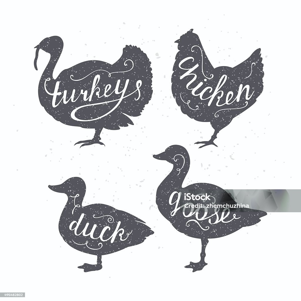 Hand drawn hipster farm birds silhouettes. Chicken, turkey, goose, duck Set of hand drawn hipster style farm birds silhouettes. Chicken, turkey, goose, duck meat hand lettering. Butcher shop design template for craft meat packaging or food restaurant. Craft style. Vector illustration Chicken - Bird stock vector