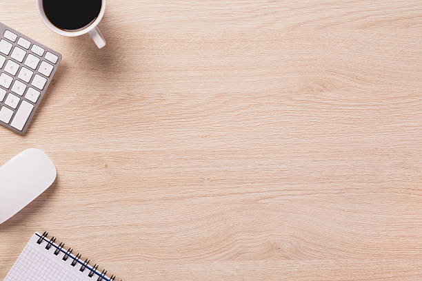 istock Top of desk with empty space and office equipment. 495483570