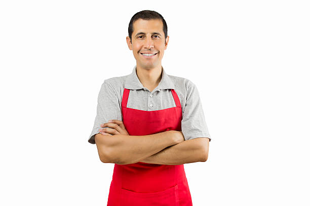 shopman sorridente - latin american and hispanic ethnicity isolated on white happiness cheerful foto e immagini stock