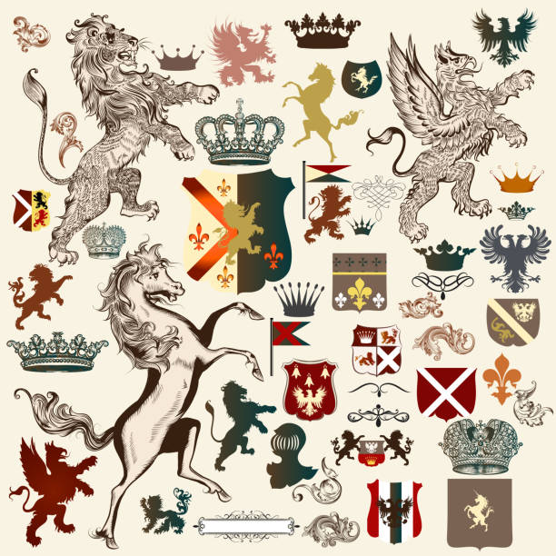 Heraldic set of vector design elements in vintage style Collection of high detailed heraldic elements. Hand drawn lion, griffin, horse, shields, crowns, shapes and other elements laurel maryland stock illustrations