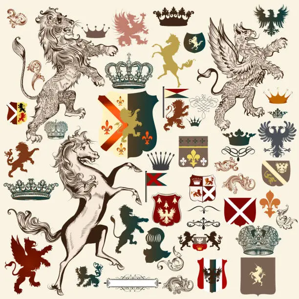 Vector illustration of Heraldic set of vector design elements in vintage style