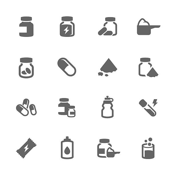 ilustraciones, imágenes clip art, dibujos animados e iconos de stock de sencillos iconos de deporte de complementos - complemento vitamínico