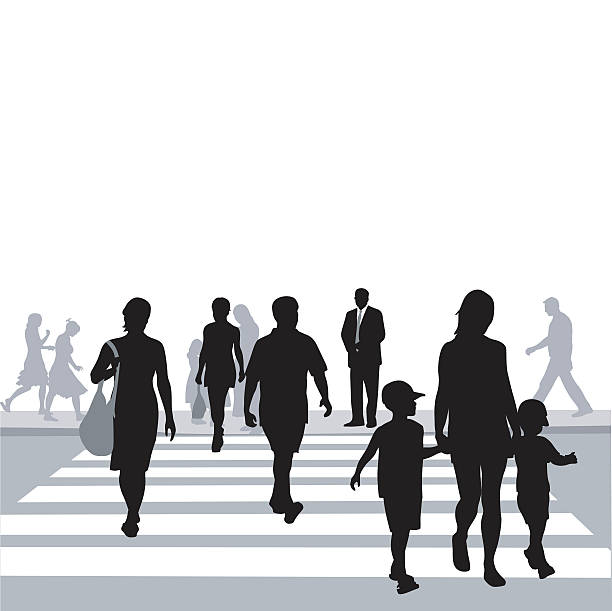 Crowded Crosswalk A vector silhouette illustration of people crossing a cross walk including a mother with two young boys, a young man, a young women, a fashionable woman, and a business man. silhouette mother child crowd stock illustrations