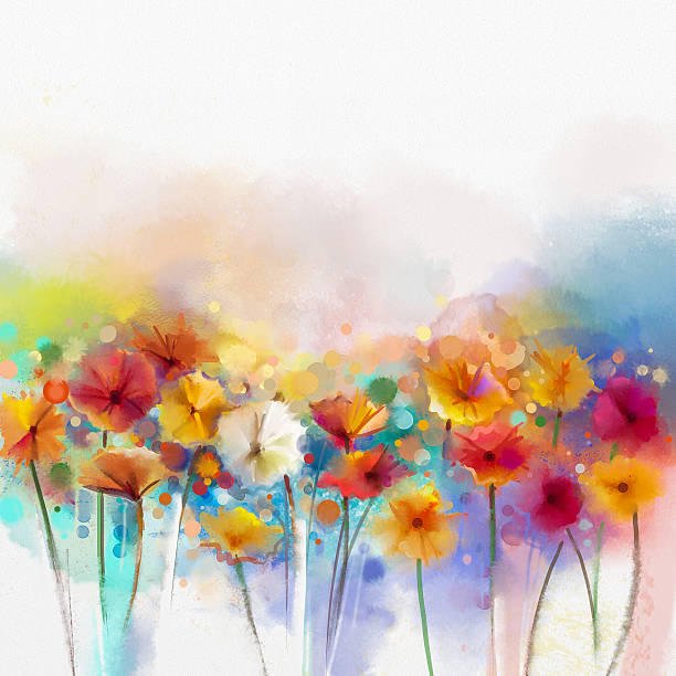 ilustraciones, imágenes clip art, dibujos animados e iconos de stock de abstract daisy- flores gerbera, pintura de acuarela - gerbera daisy single flower flower spring