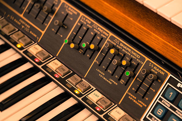 Abstract toned image of vintage synthesizer keyboard musical instrument. Selective focus and tilt.