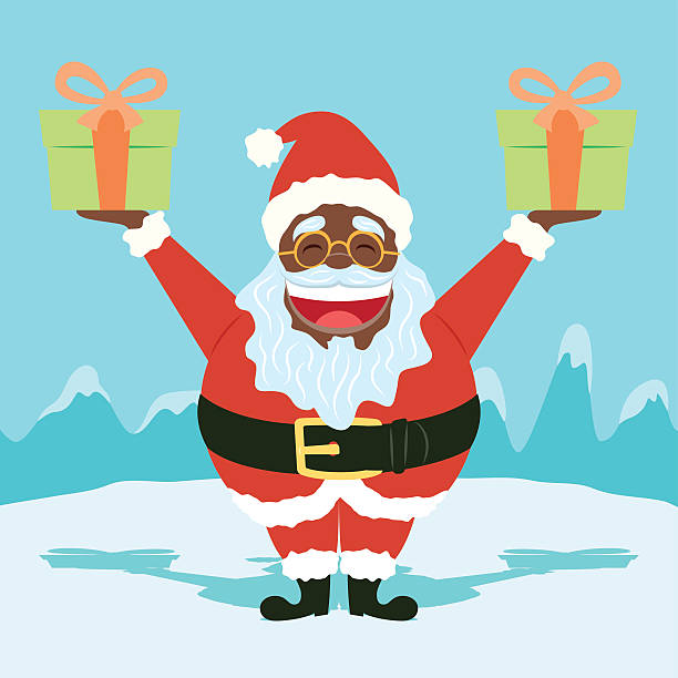 Black Funny Santa Claus Holding Presents Cool character for your designs fat humor black expressing positivity stock illustrations