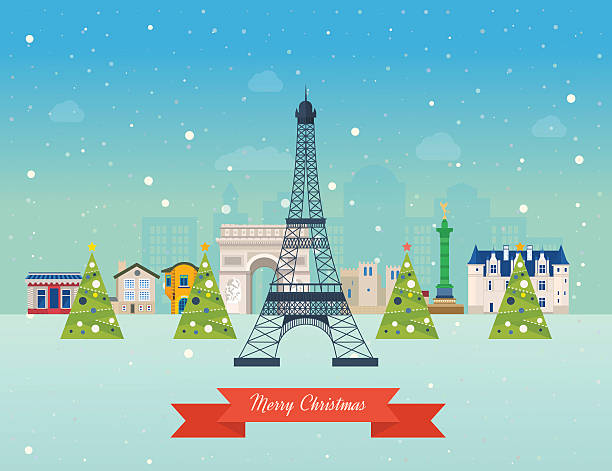 Merry Christmas greeting card design. Paris winter Cute invitation card with winter city life and space for text. Merry Christmas greeting card design. Paris Christmas winter. Vector illustration. eiffel tower winter stock illustrations
