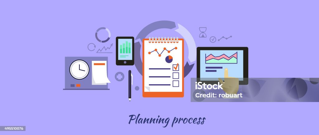 Planning Process Icon Flat Design Planning process icon flat design. Business development, management project, marketing organization, service and strategy, information and data, workflow and optimization illustration 2015 stock vector
