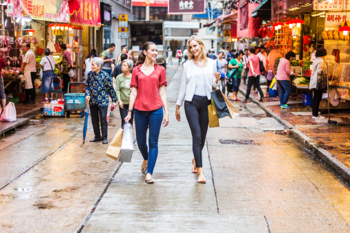 Two women market shopping in Hong Kong