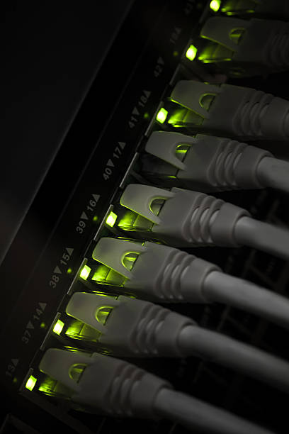 ネットワークハブ、緑色の led 照明と接続ケーブル selectiv - cable network server network connection plug green ストックフォトと画像
