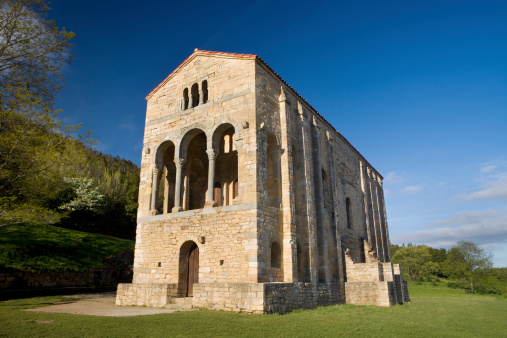 Perspective view of the Pre Romanesque Church of Santa María del Naranco, in Oviedo, Asturias, Spain.