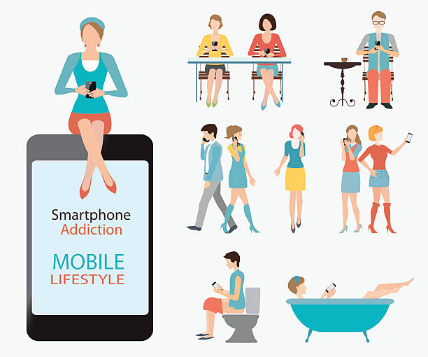 illustrazioni stock, clip art, cartoni animati e icone di tendenza di smartphone dipendenza. - women dependency business time