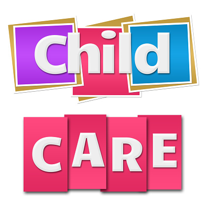 Child care text in a creative way over colorful background.