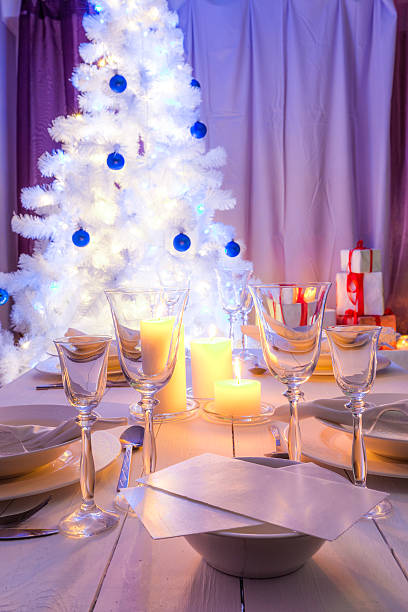 istock Breathtaking Christmas table setting with blue and white decoration 495524066