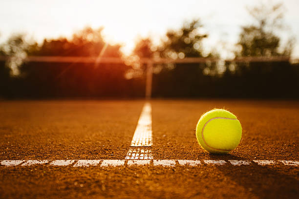 palla da tennis sul campo di argilla - tennis court tennis ball ball foto e immagini stock