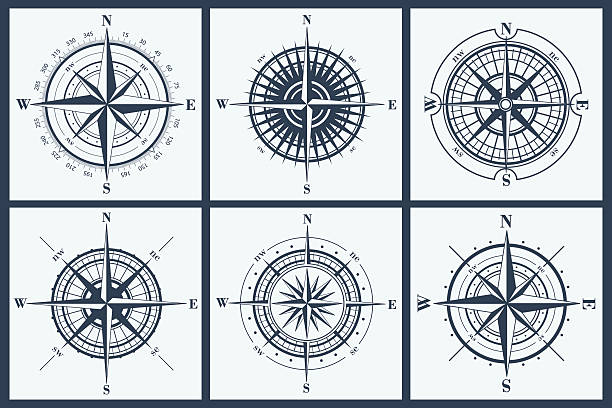 ilustrações de stock, clip art, desenhos animados e ícones de conjunto de rosas ou windroses bússola - drawing compass compass rose direction sea