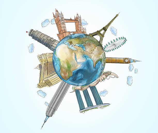 istock globe with sketched famous places. 495538916