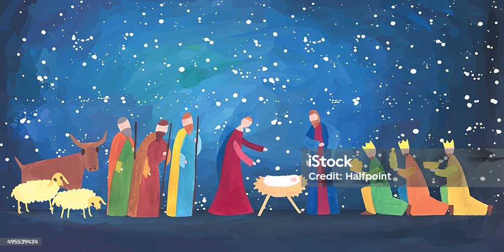 Hand drawn Christmas illustration Hand drawn vector illustration with nativity scene. Baby jesus born in Bethlehem. Nativity Scene stock vector