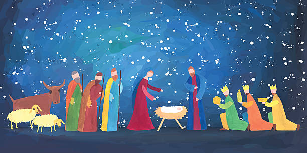 Hand drawn Christmas illustration Hand drawn vector illustration with nativity scene. Baby jesus born in Bethlehem. nativity scene stock illustrations