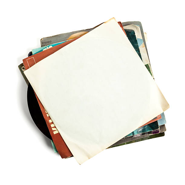 Old vinyl records, blank cover Stack of old vinyl records, high angle view, top one with blank sleeve, isolated on white background looking down photos stock pictures, royalty-free photos & images