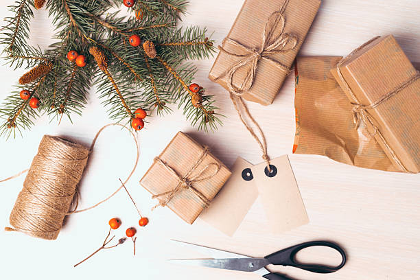 istock Gift boxes with ribbons and christmas decor 495541406