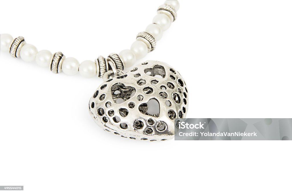 Hearts & Pearls Hearts Pendant on Pearls Chain, Isolated on White Background Charm Necklace Stock Photo