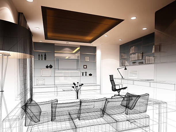 istock sketch design of living ,3dwire frame render 495547385