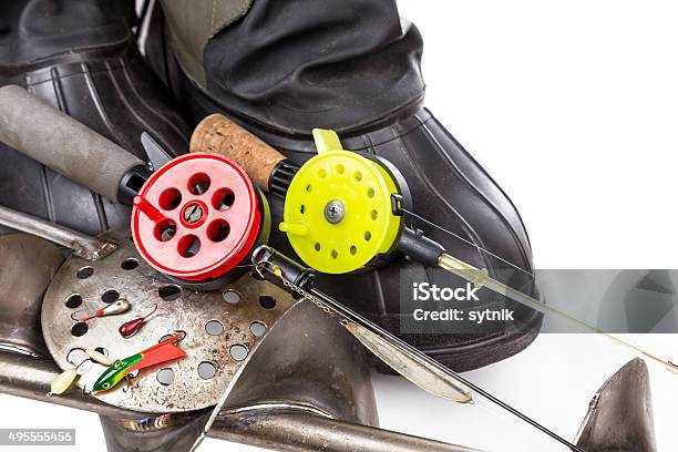 Closeup Ice Fishing Tackles And Equipment Stock Photo - Download Image Now - 2015, Activity, Artificial