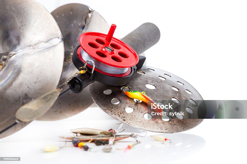 closeup ice fishing tackles and equipment closeup ice fishing tackles and equipment on white background 2015 Stock Photo