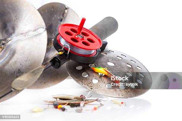 Closeup Ice Fishing Tackles And Equipment Stock Photo - Download Image Now - 2015, Activity, Artificial