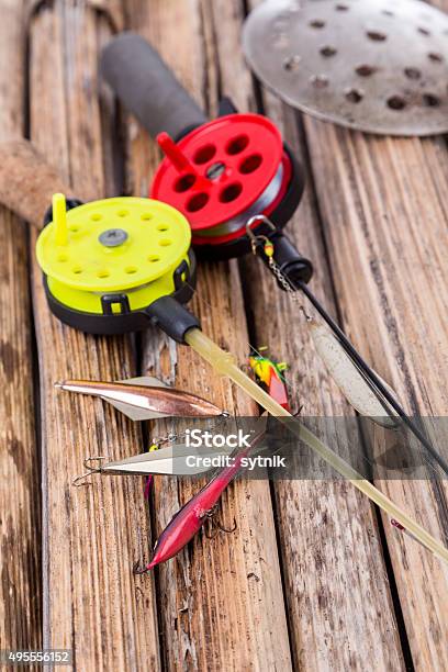 Closeup Ice Fishing Tackles And Equipment Stock Photo - Download Image Now - 2015, Activity, Artificial