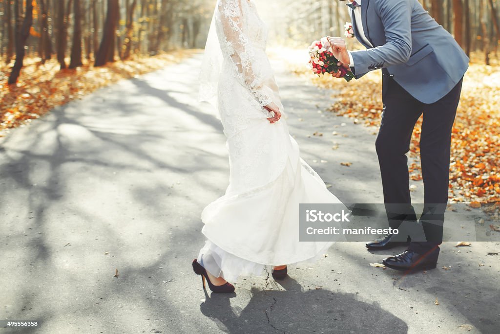 Wedding summer couple together posing. Young wedding couple in love together. 2015 Stock Photo