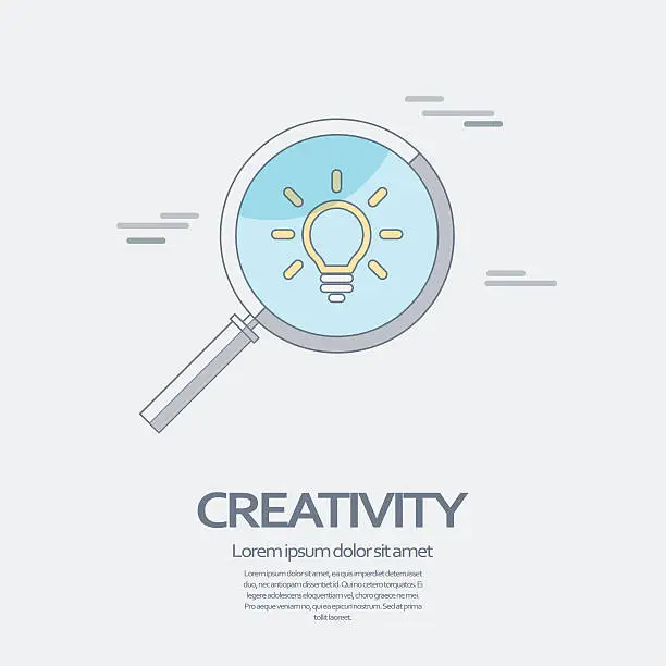 Vector illustration of Creativity symbol of lightbulb under magnifying glass. Modern business line