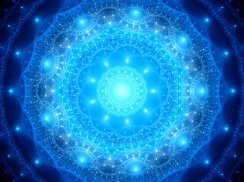 Blue glowing mandala in space, computer generated abstract background